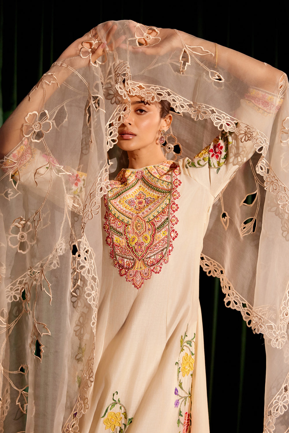 Ivory Floral Cutwork Dupatta