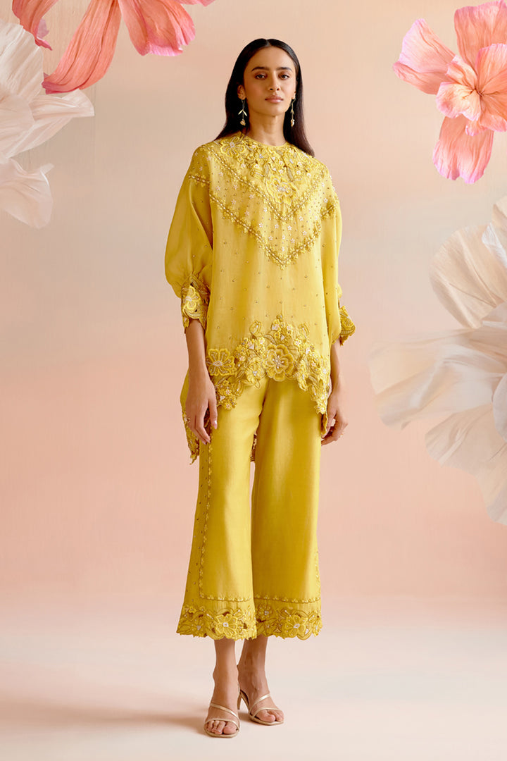 Yellow Multi Tonal Cutwork Kimono Tunic Set