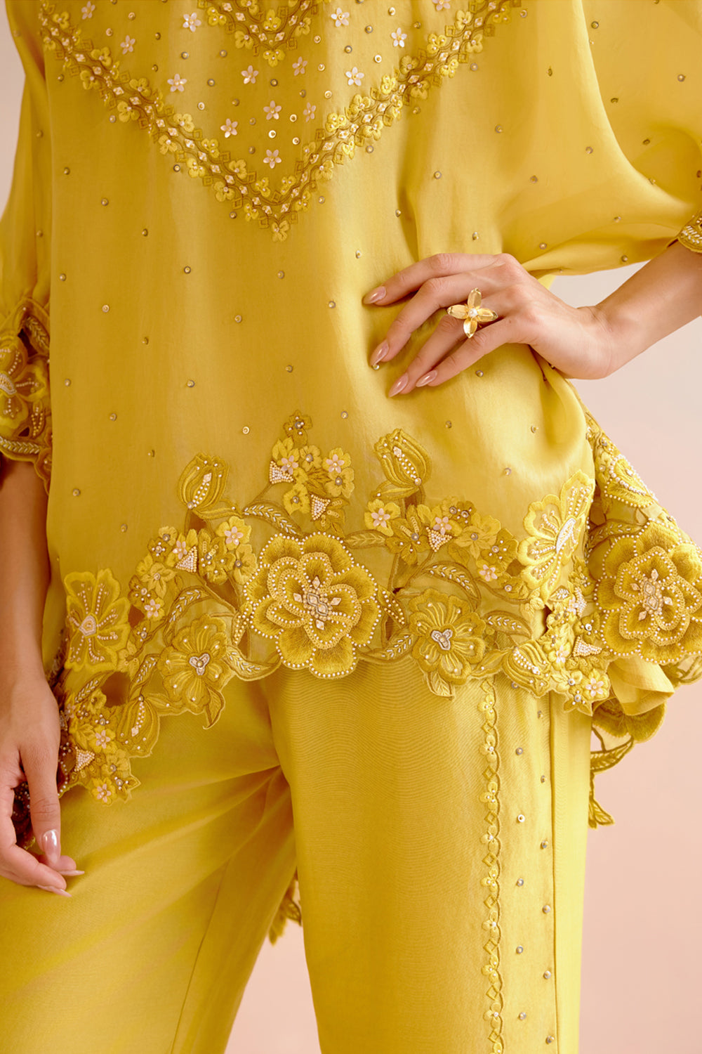 Yellow Multi Tonal Cutwork Kimono Tunic Set