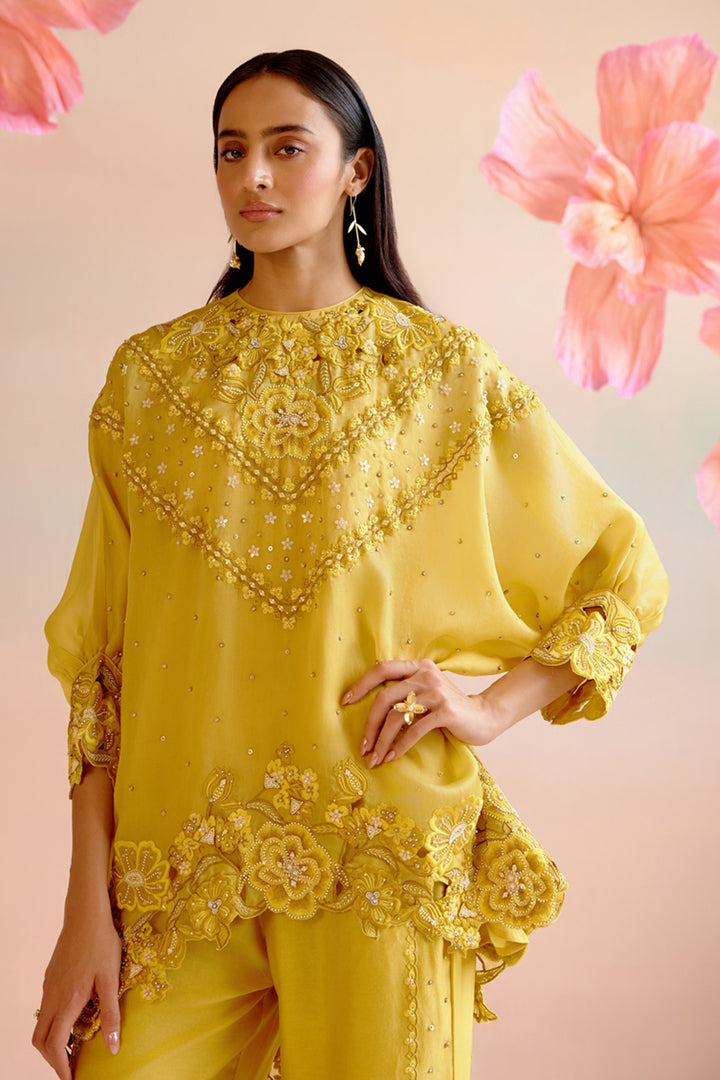 Yellow Multi Tonal Cutwork Kimono Tunic Set