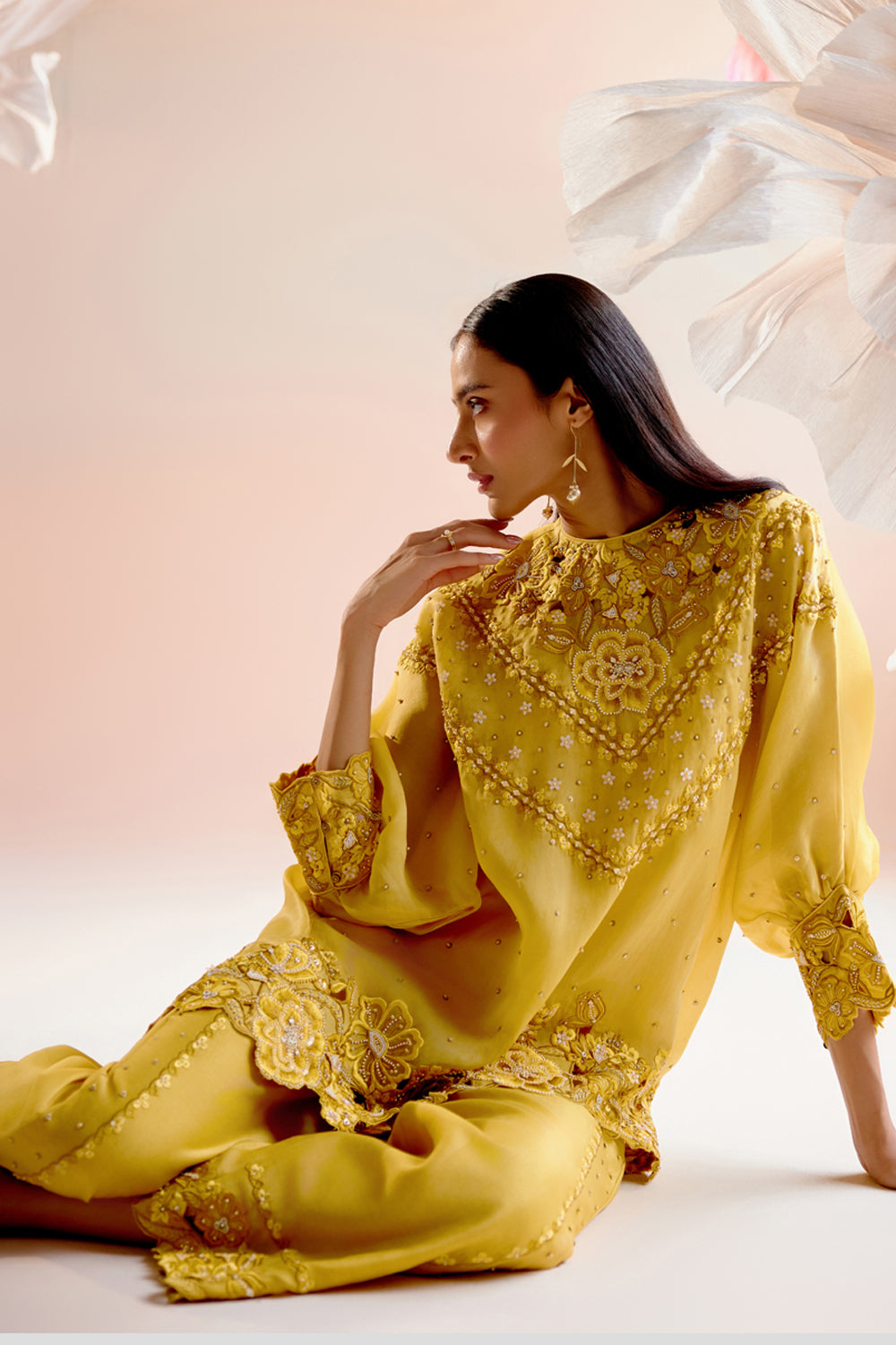 Yellow Multi Tonal Cutwork Kimono Tunic Set