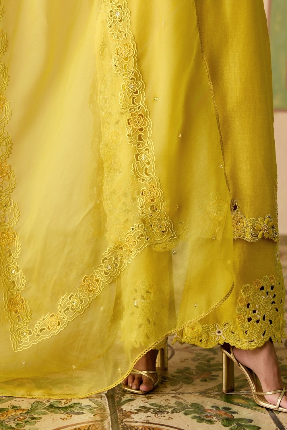 Yellow cutwork dupatta