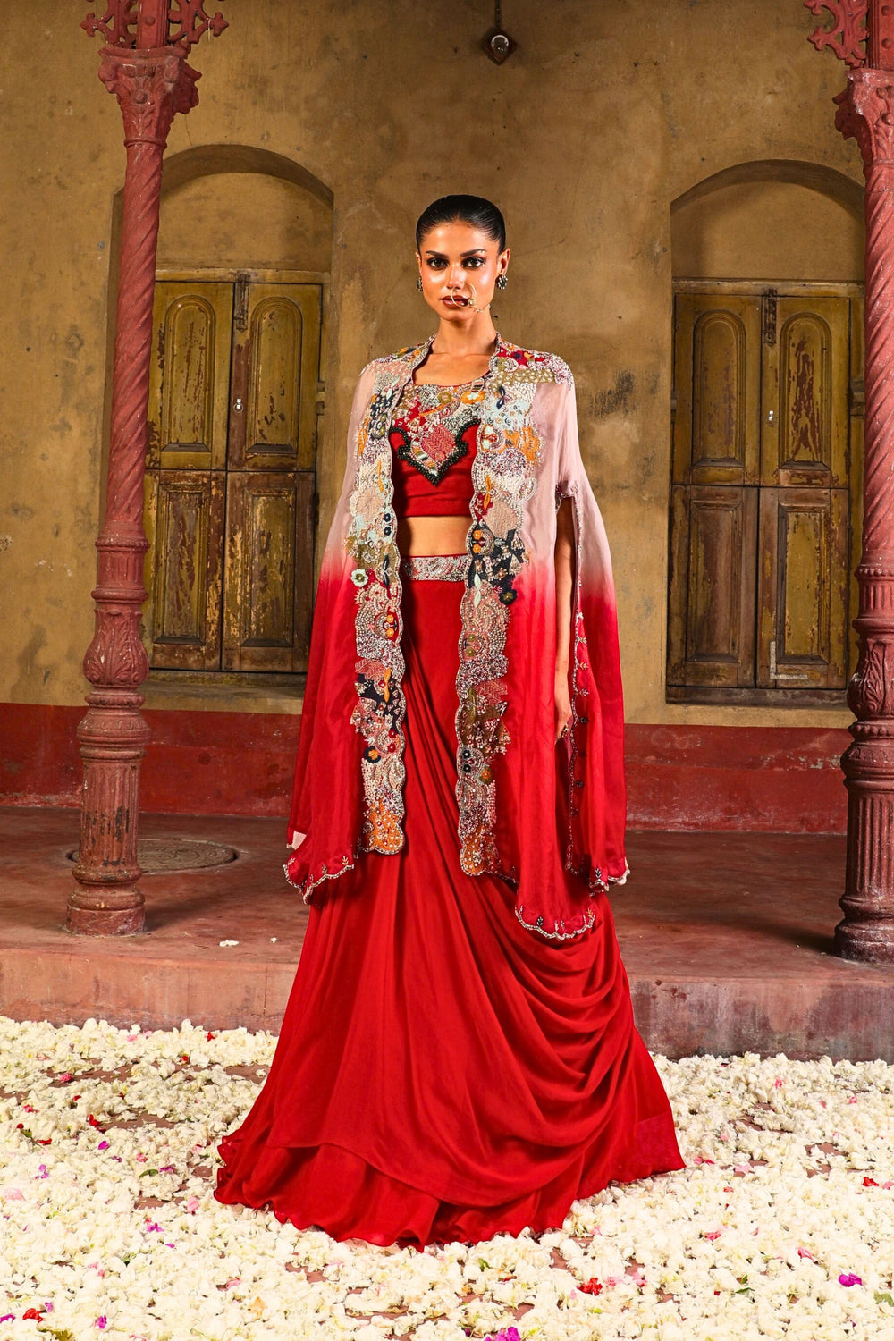 Ruhani Draped Lehenga Set in Ruby