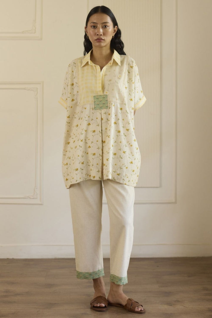 White & Green Kaftan Top With Pants Set