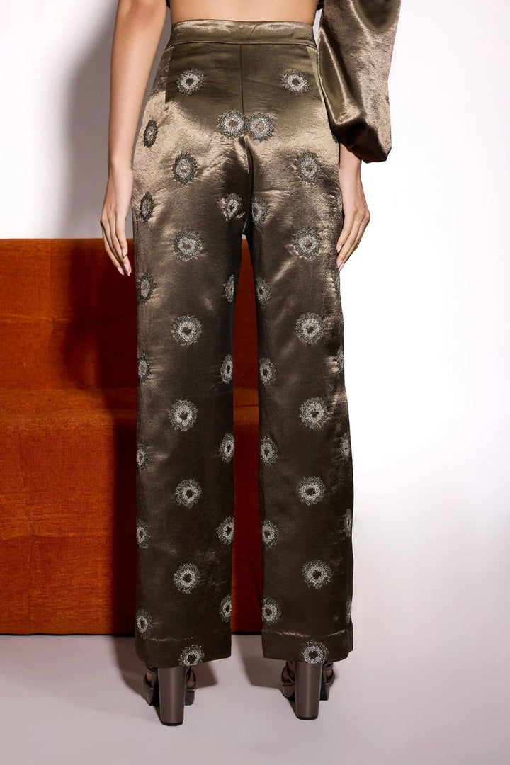 Dusky Olive Satin Embroidered Pant
