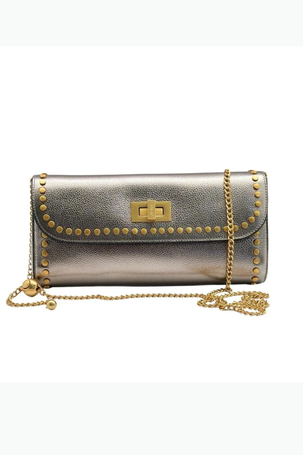 Metallic Pewter Slim Studded Clutch Bag