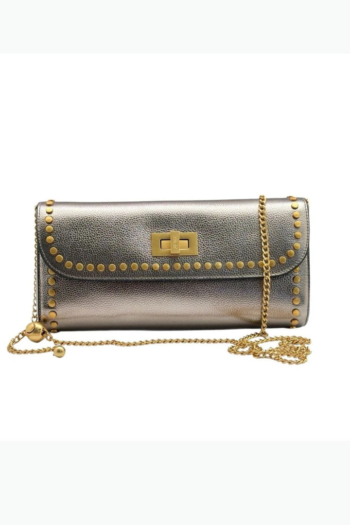 Metallic Pewter Slim Studded Clutch Bag