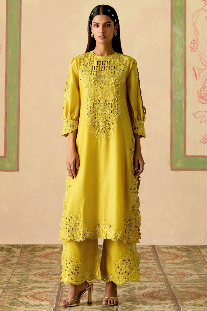 Yellow cutwork and 3D florals kurta with cutwork pants