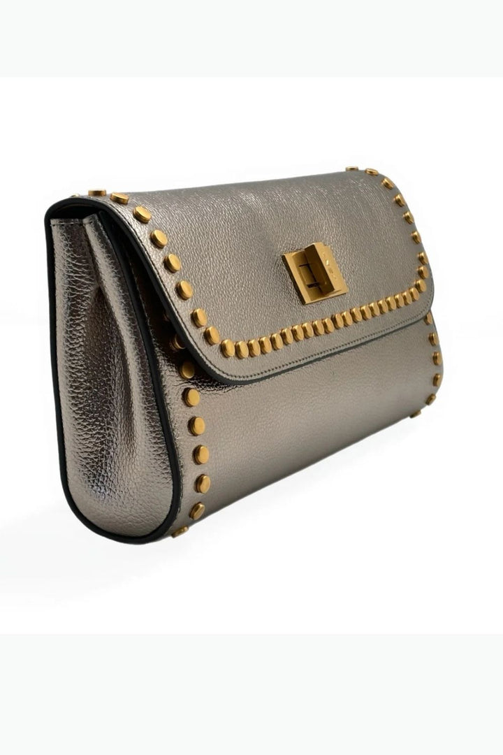 Metallic Pewter Slim Studded Clutch Bag