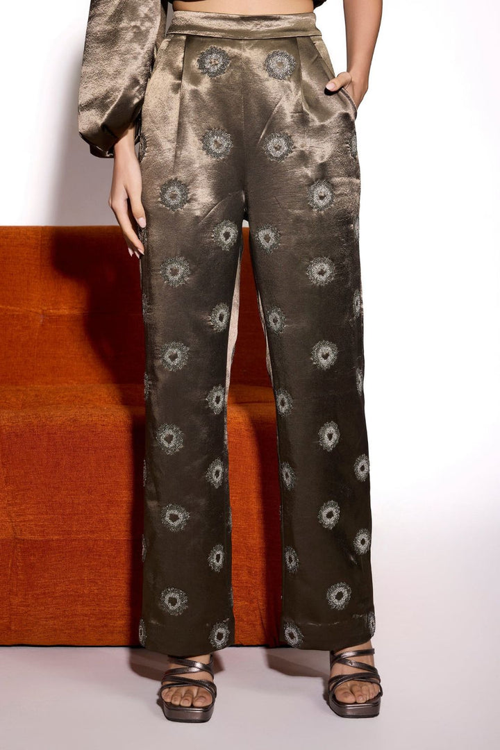 Dusky Olive Satin Embroidered Pant