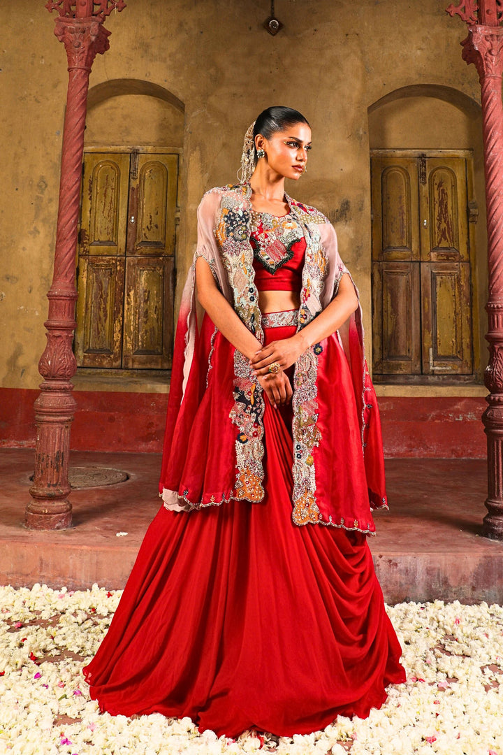 Ruhani Draped Lehenga Set in Ruby