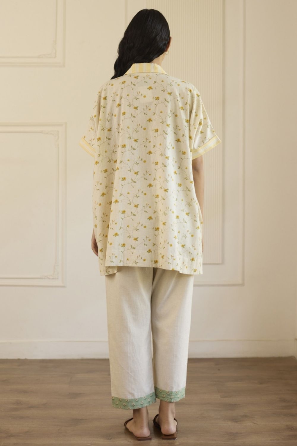 White & Green Kaftan Top With Pants Set
