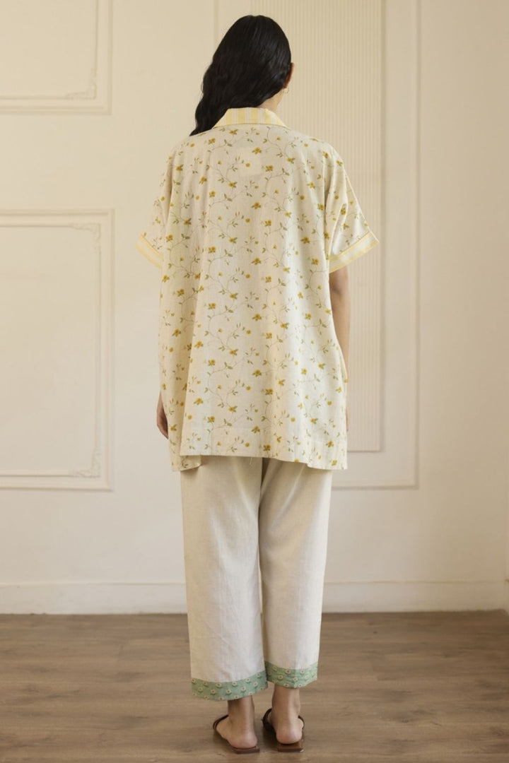 White & Green Kaftan Top With Pants Set