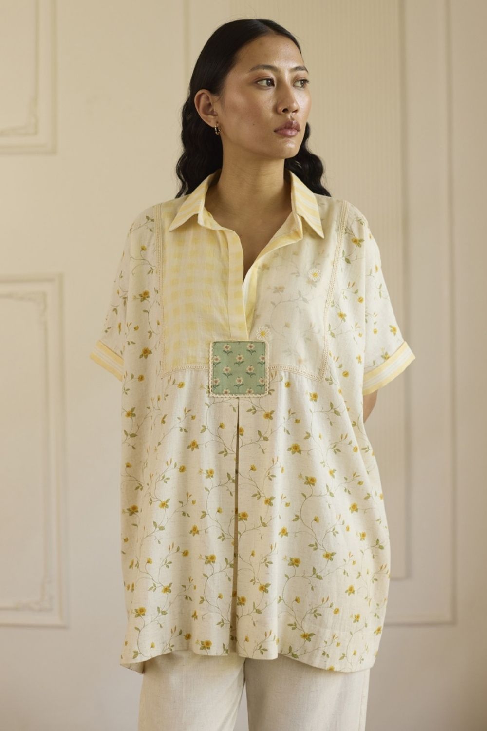 White & Green Kaftan Top With Pants Set