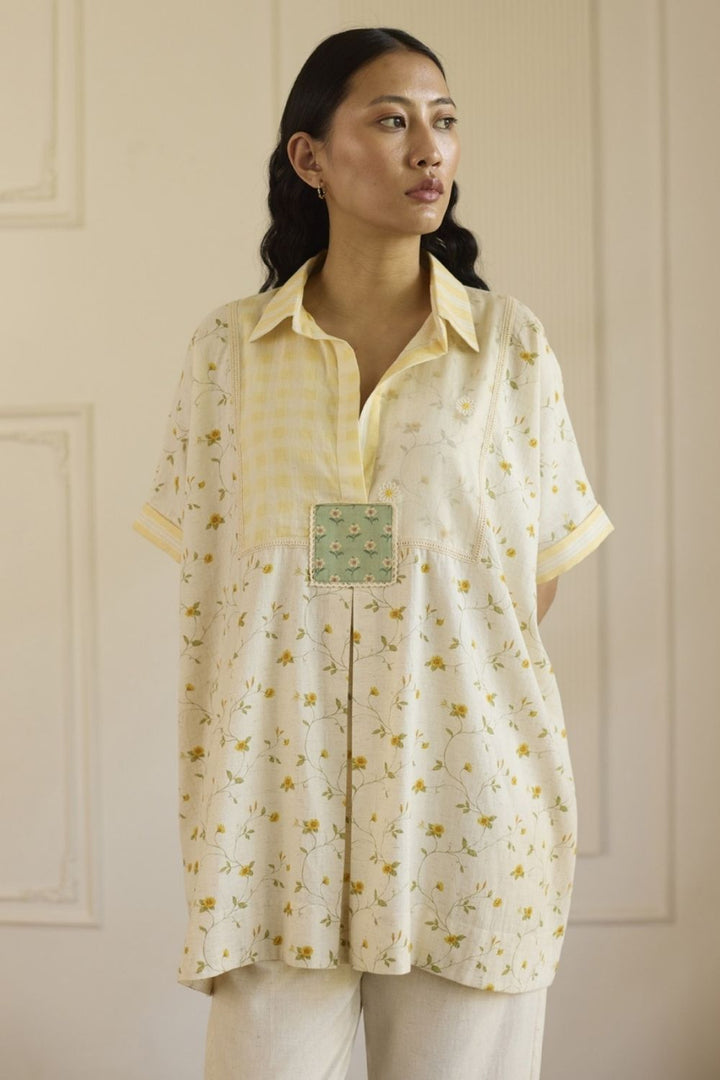 White & Green Kaftan Top With Pants Set