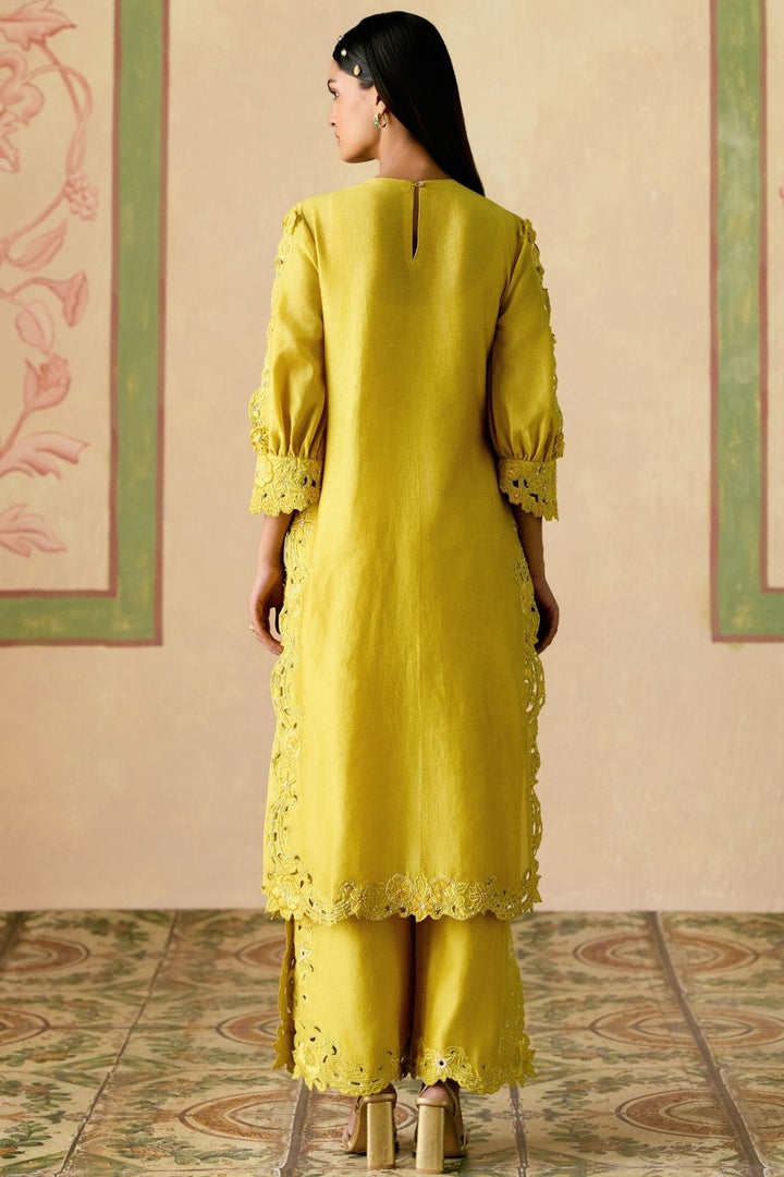 Yellow cutwork and 3D florals kurta with cutwork pants