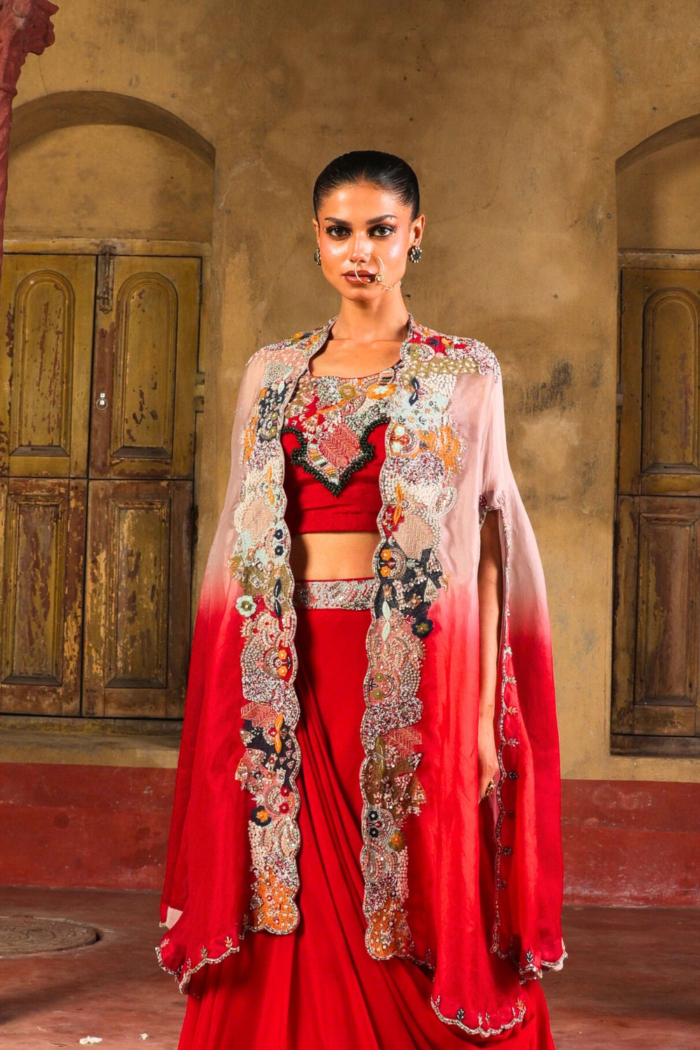 Ruhani Draped Lehenga Set in Ruby