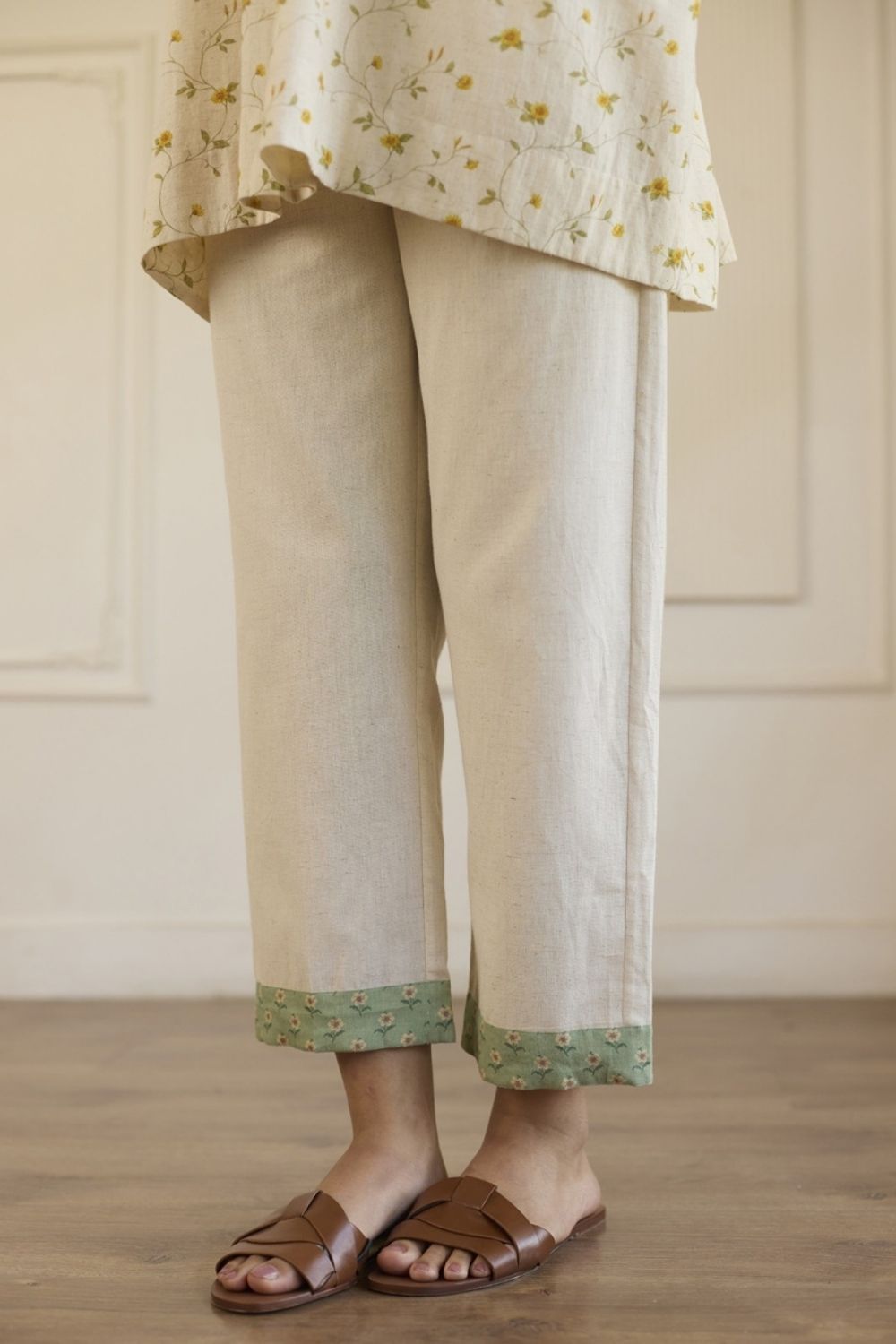 White & Green Kaftan Top With Pants Set