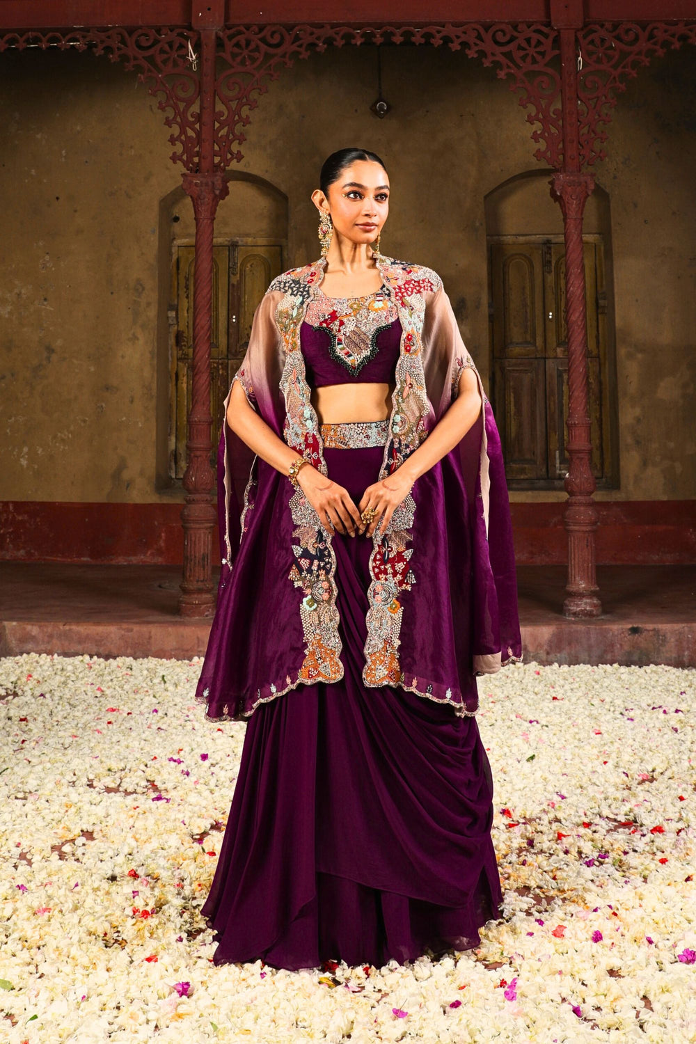 Ruhani Draped Lehenga Set in Plum