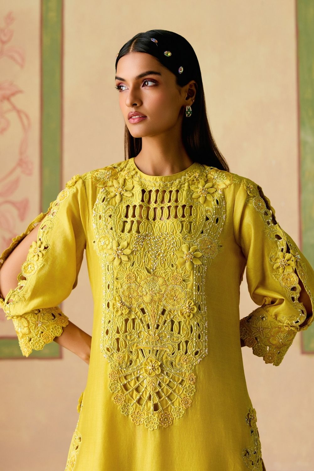 Yellow cutwork and 3D florals kurta with cutwork pants