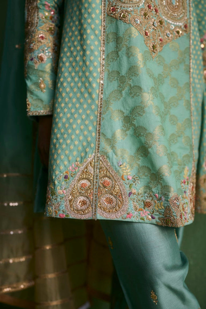 Mixed Brocade Phiran Paisley Phiran Kurta With Salwar And Organza Dupatta