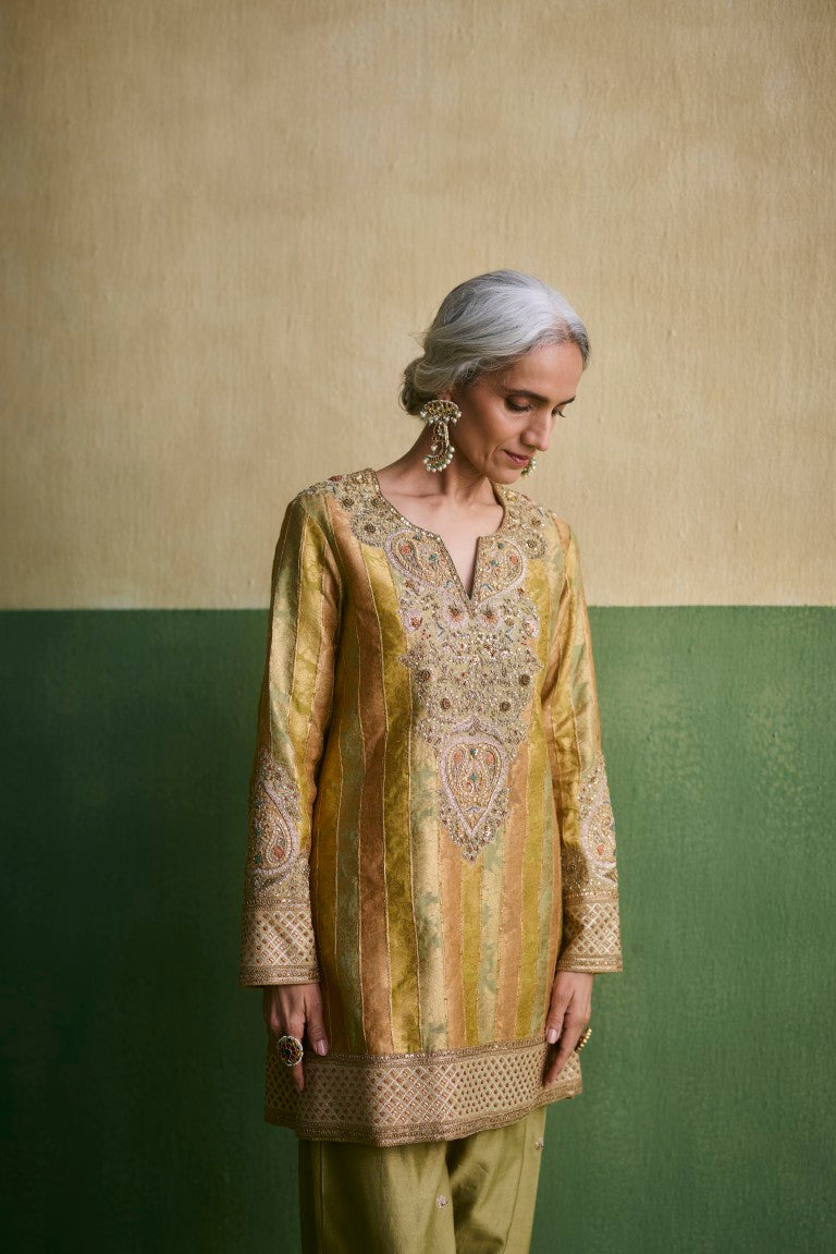 Stripe & Brocade Short Kurti With Embroidered Pants