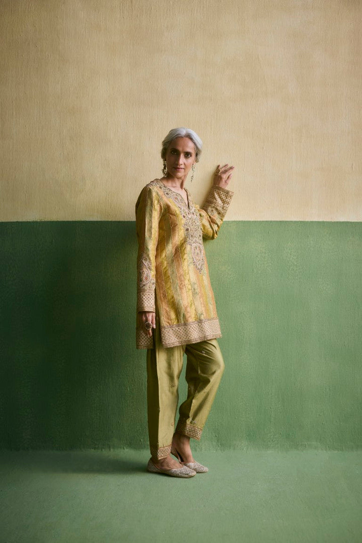Stripe & Brocade Short Kurti With Embroidered Pants