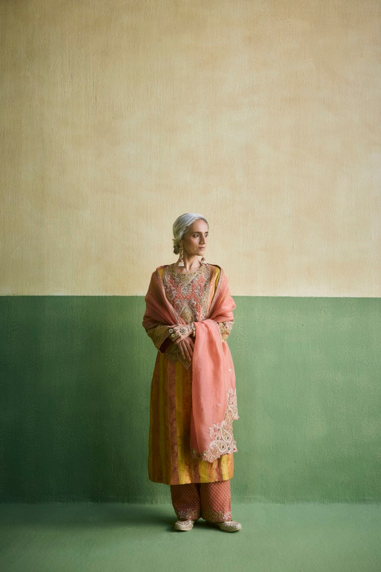 Stripe Brocade Straight Kurta With Salwar And Organza Dupatta