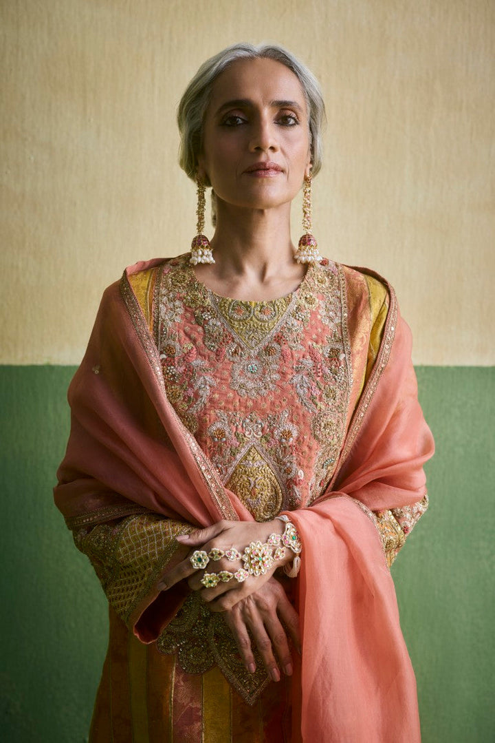 Stripe Brocade Straight Kurta With Salwar And Organza Dupatta
