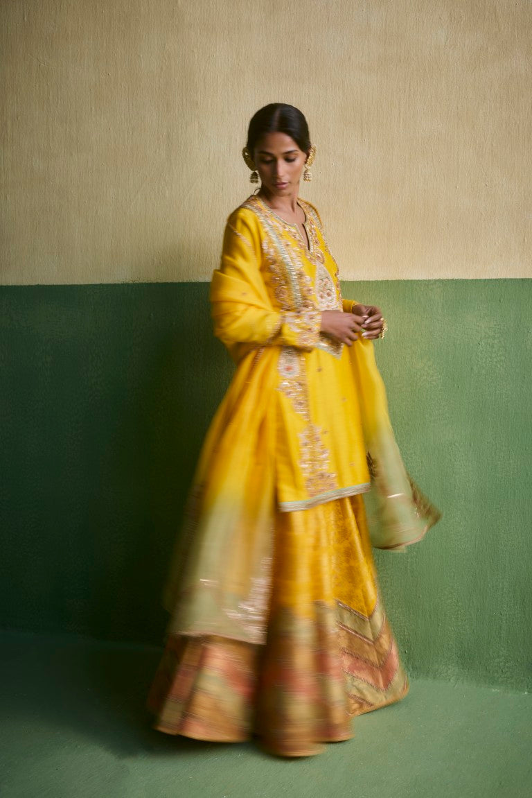 Short Kurti With Chevron Brocade Sharara And Dupatta