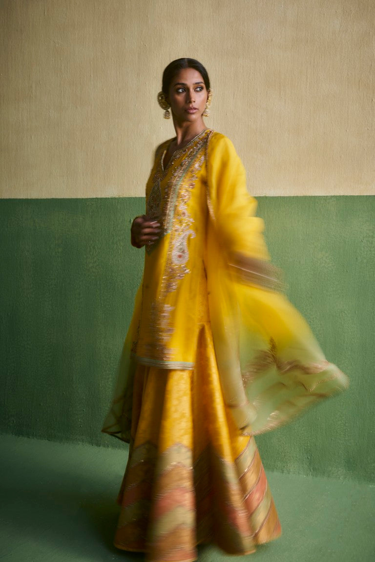 Short Kurti With Chevron Brocade Sharara And Dupatta