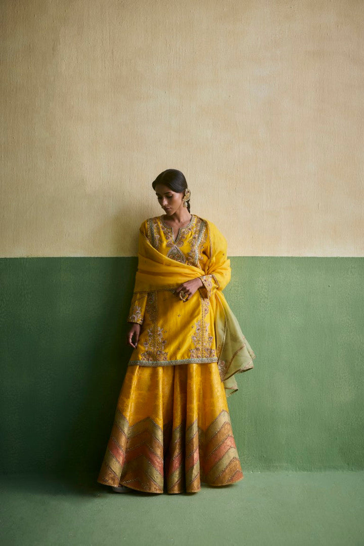 Short Kurti With Chevron Brocade Sharara And Dupatta