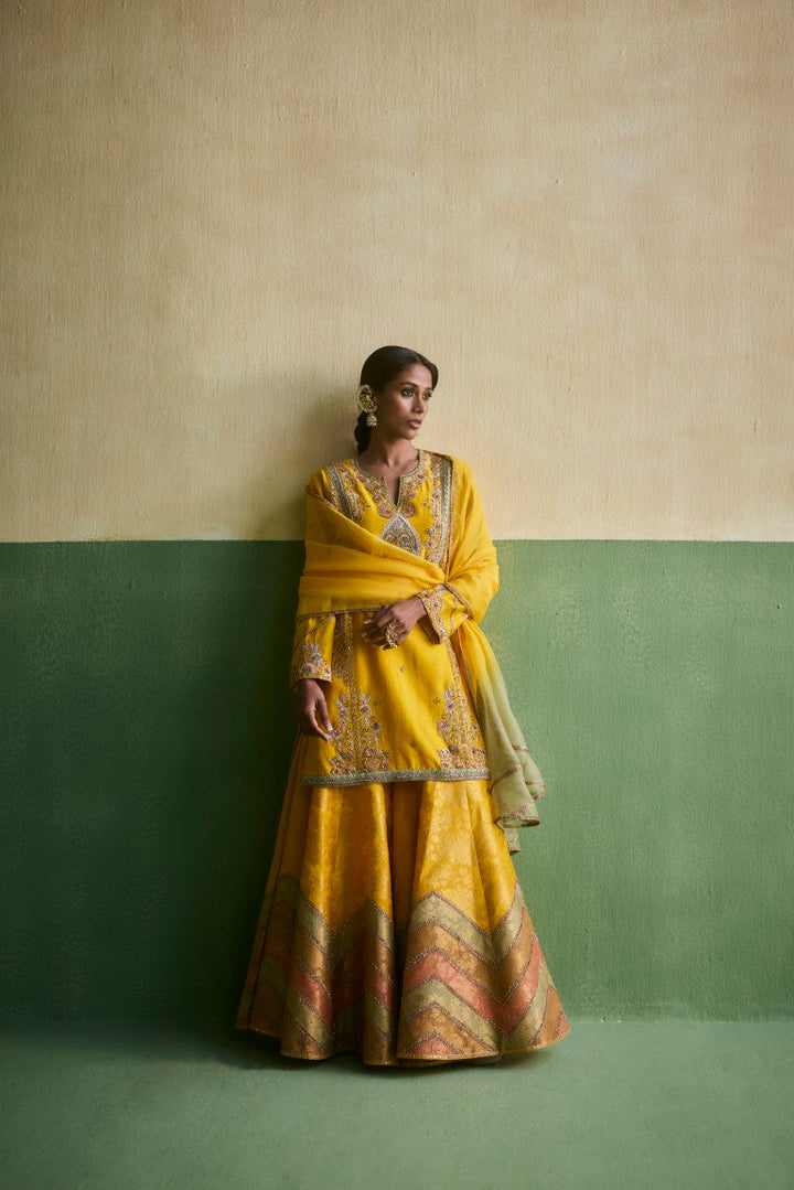 Short Kurti With Chevron Brocade Sharara And Dupatta