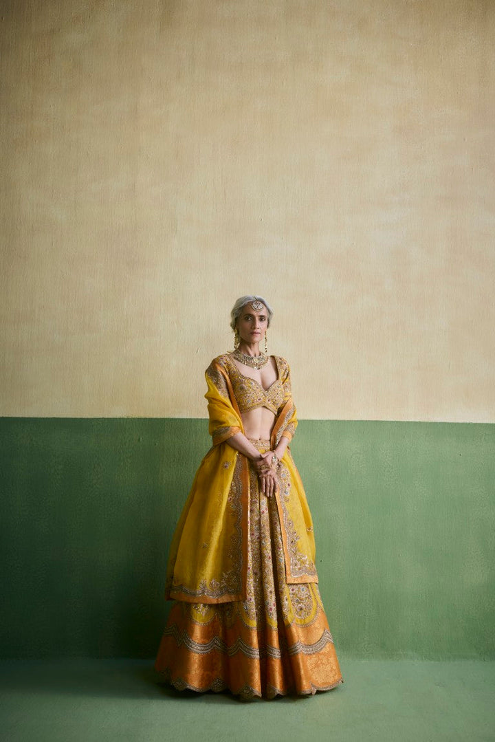 Prachi Booti Brocade Lehenga With Yellow Dupatta