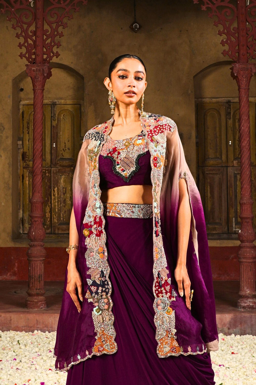 Ruhani Draped Lehenga Set in Plum