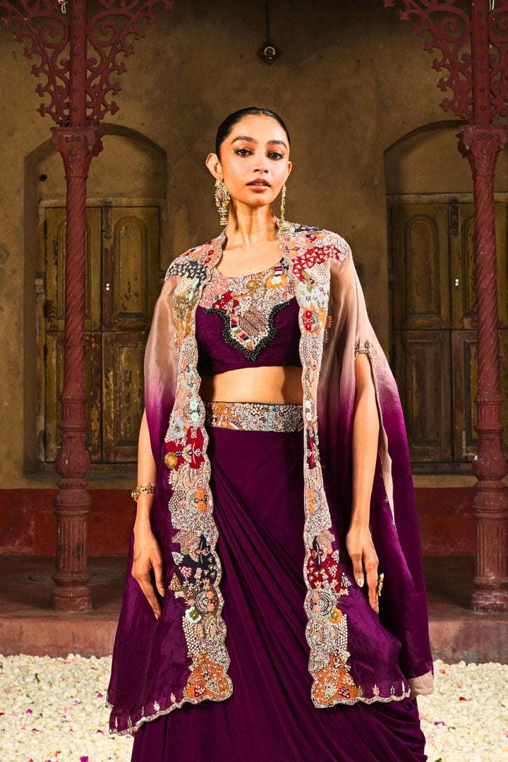 Ruhani Draped Lehenga Set in Plum