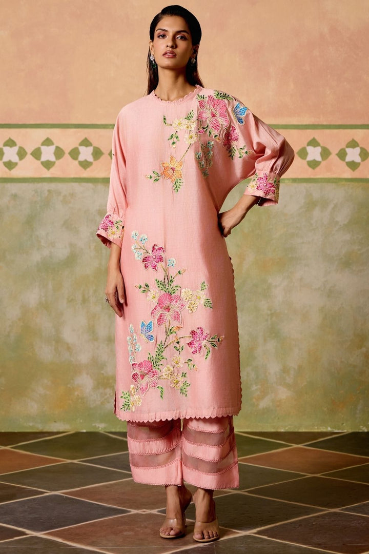 Rose pink threadwork and beadwork tunic with sheer detail pants