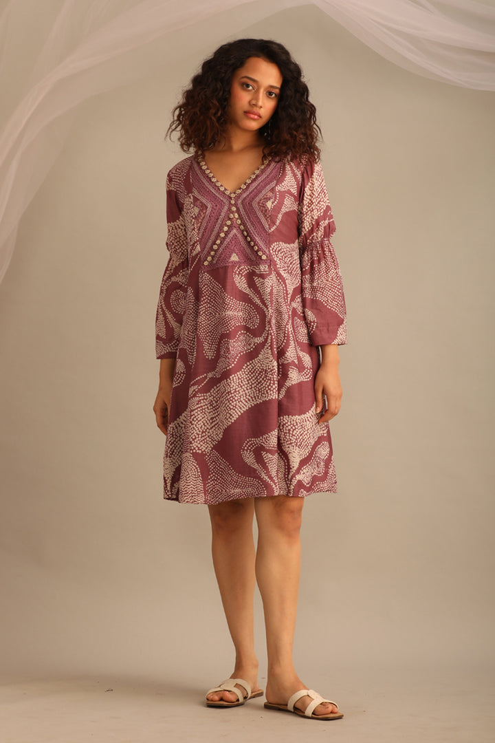 Landscape print knee length dress with handwork on yoke