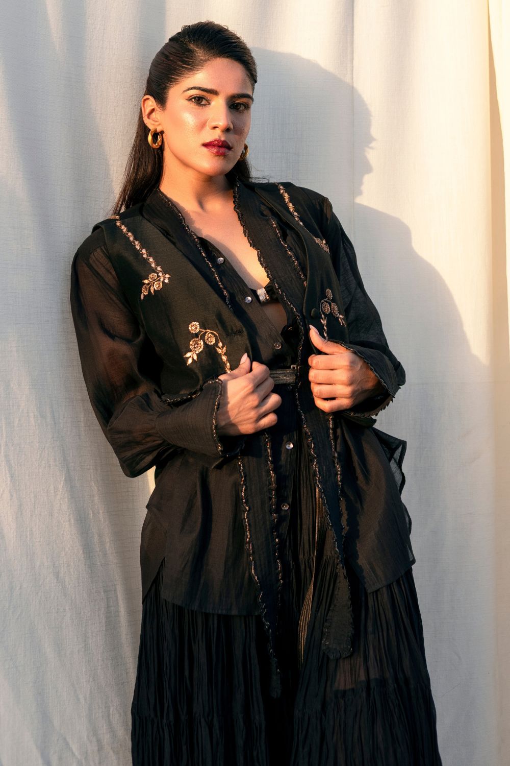Victorian Frill Shirt with a Tie - Black Cotton Silk Sheer Blouse