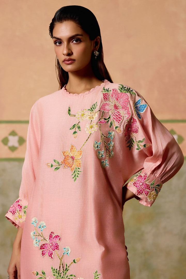 Rose pink threadwork and beadwork tunic with sheer detail pants