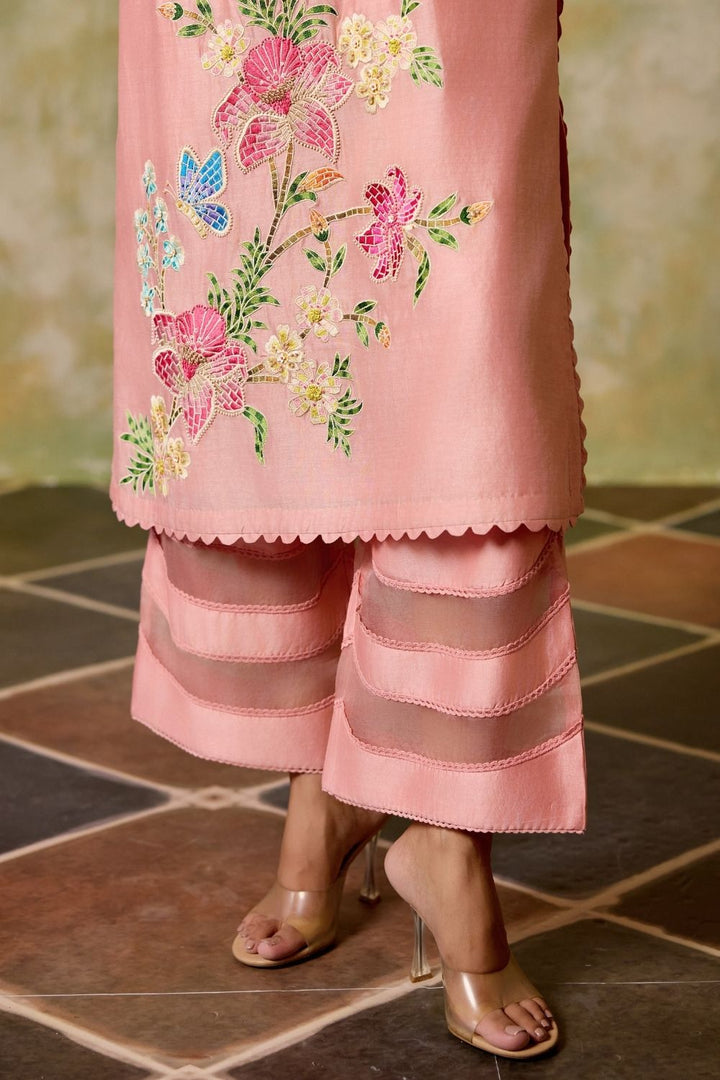 Rose pink threadwork and beadwork tunic with sheer detail pants