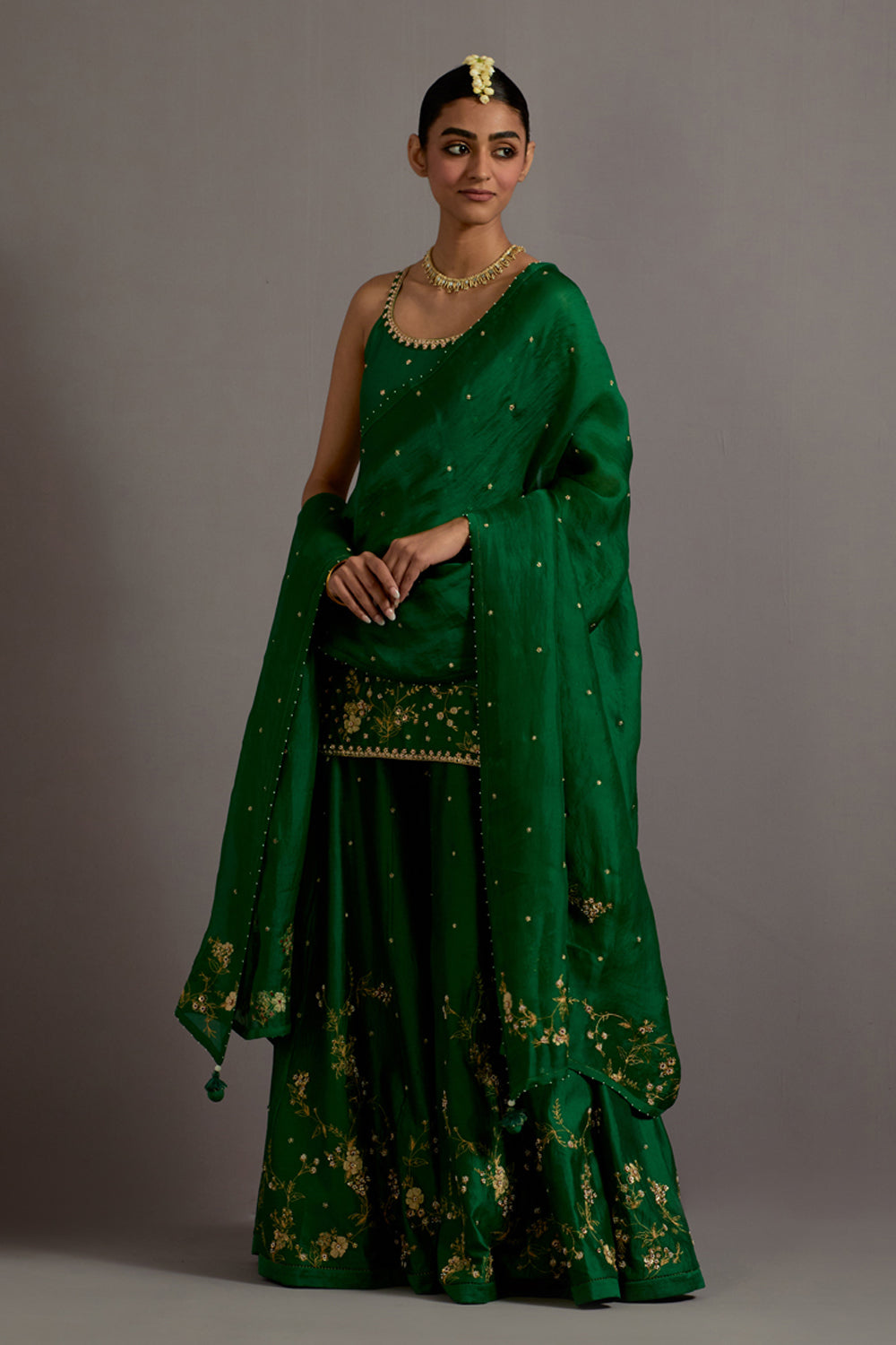 Green Jaal Hand Embroidered Silk Short Kurta Sharara Set
