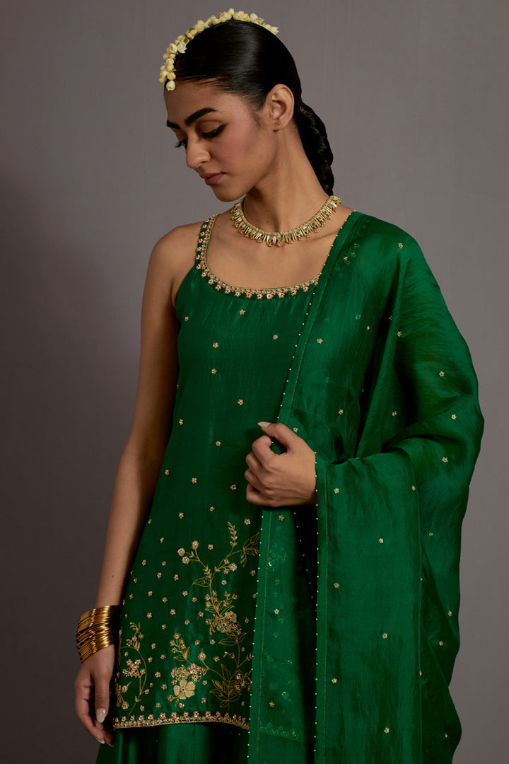 Green Jaal Hand Embroidered Silk Short Kurta Sharara Set