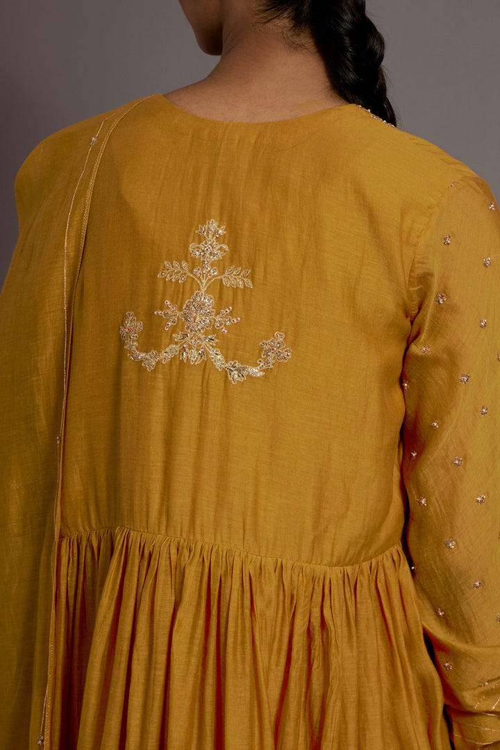 Mustard Yellow Hand Embroidered Gather Anarkali Set