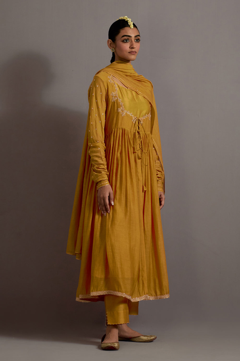 Mustard Yellow Hand Embroidered Gather Anarkali Set
