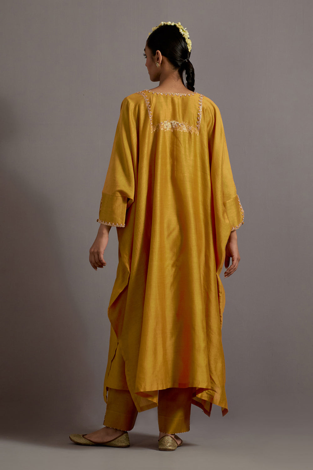 Mustard Yellow Hand Embroidered Kaftan With Pants