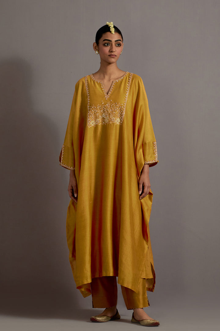 Mustard Yellow Hand Embroidered Kaftan With Pants