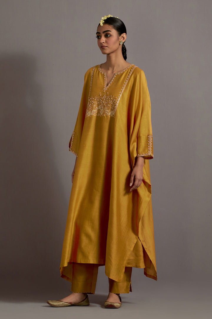 Mustard Yellow Hand Embroidered Kaftan With Pants