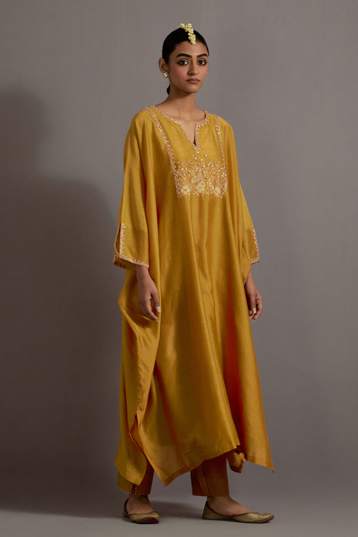 Mustard Yellow Hand Embroidered Kaftan With Pants