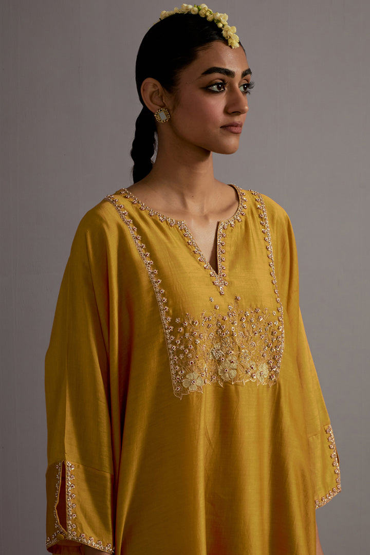 Mustard Yellow Hand Embroidered Kaftan With Pants